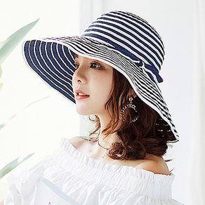 幸福揚邑 夏日浪漫條紋大帽檐抗UV防紫外線可摺疊遮陽帽-深藍