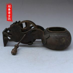古玩古老皮殻真鍮墨斗銅器工芸品木工線器虎頭墨斗-