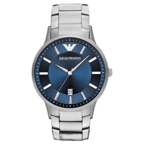 EMPORIO ARMANI 時尚典範紳士日期腕錶-銀X藍