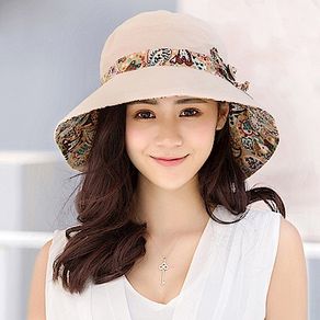 幸福揚邑 愛心紋大帽檐抗UV防紫外線雙面配戴可摺疊遮陽帽-米