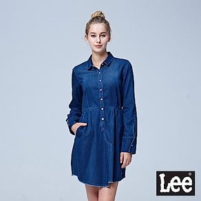 Lee 牛仔高腰長袖洋裝/BO-中深藍
